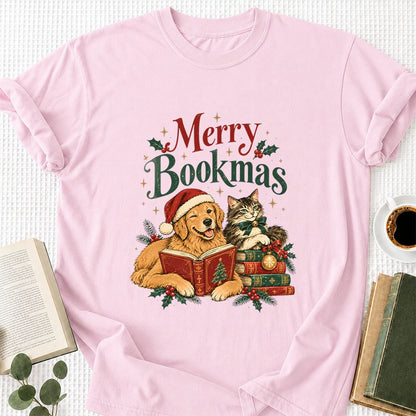 Merry Bookmas Printed T-Shirt | Christmas Reader Gift Light Pink