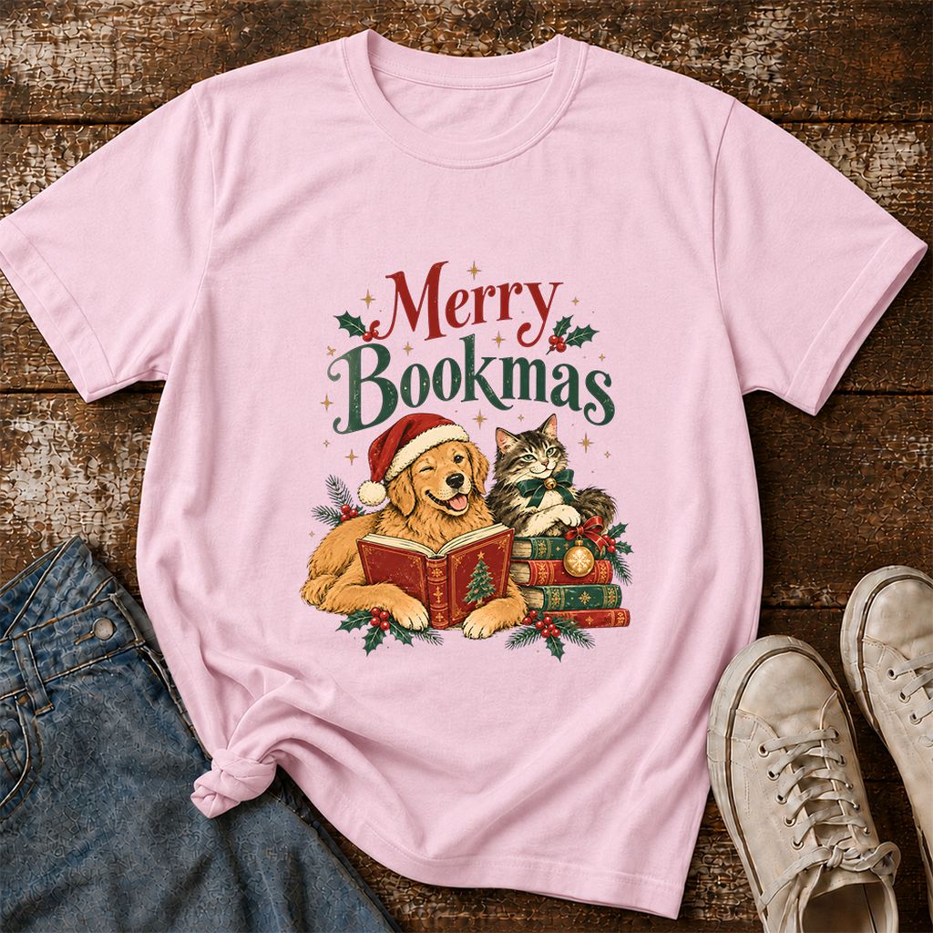 Merry Bookmas Printed T-Shirt | Christmas Reader Gift Light Pink