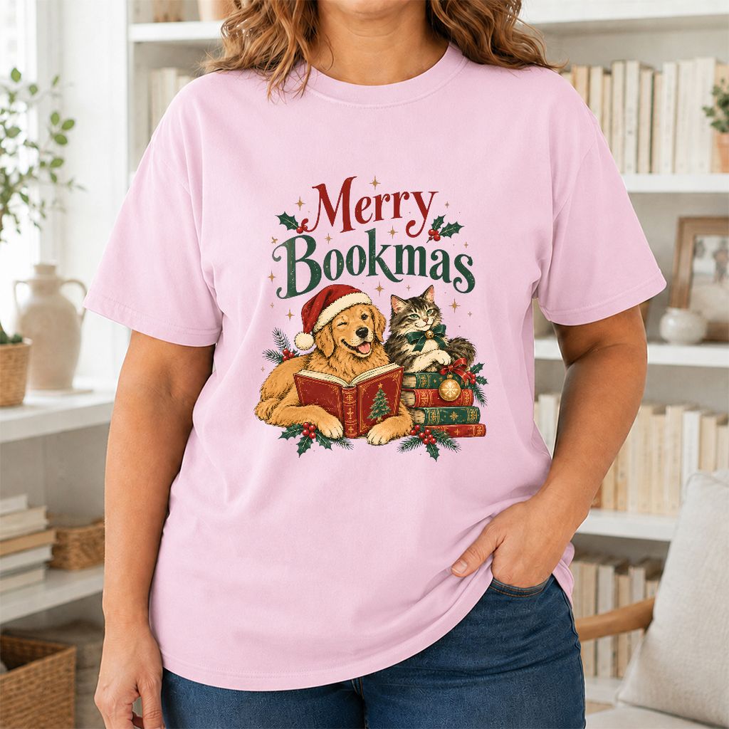 Merry Bookmas Printed T-Shirt | Christmas Reader Gift Light Pink