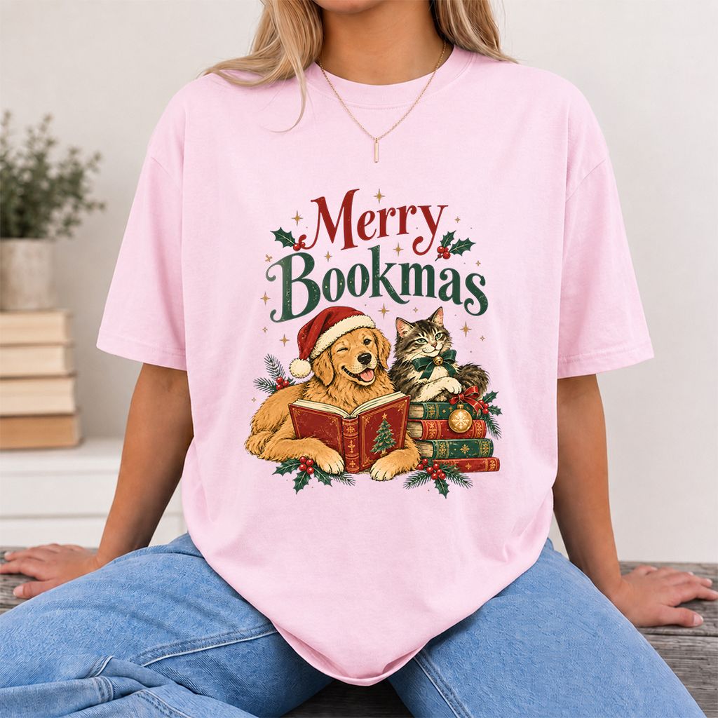 Merry Bookmas Printed T-Shirt | Christmas Reader Gift Light Pink