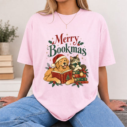Merry Bookmas Printed T-Shirt | Christmas Reader Gift Light Pink