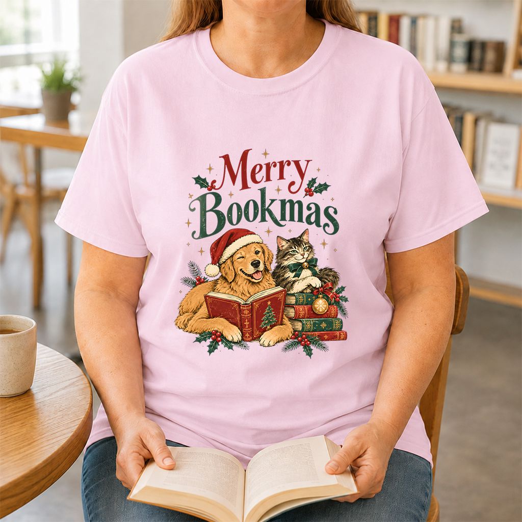 Merry Bookmas Printed T-Shirt | Christmas Reader Gift Light Pink