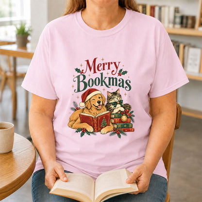 Merry Bookmas Printed T-Shirt | Christmas Reader Gift Light Pink