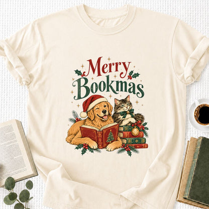 Merry Bookmas Printed T-Shirt | Christmas Reader Gift Natural