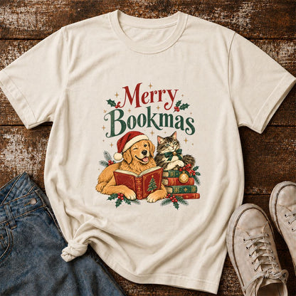 Merry Bookmas Printed T-Shirt | Christmas Reader Gift Natural