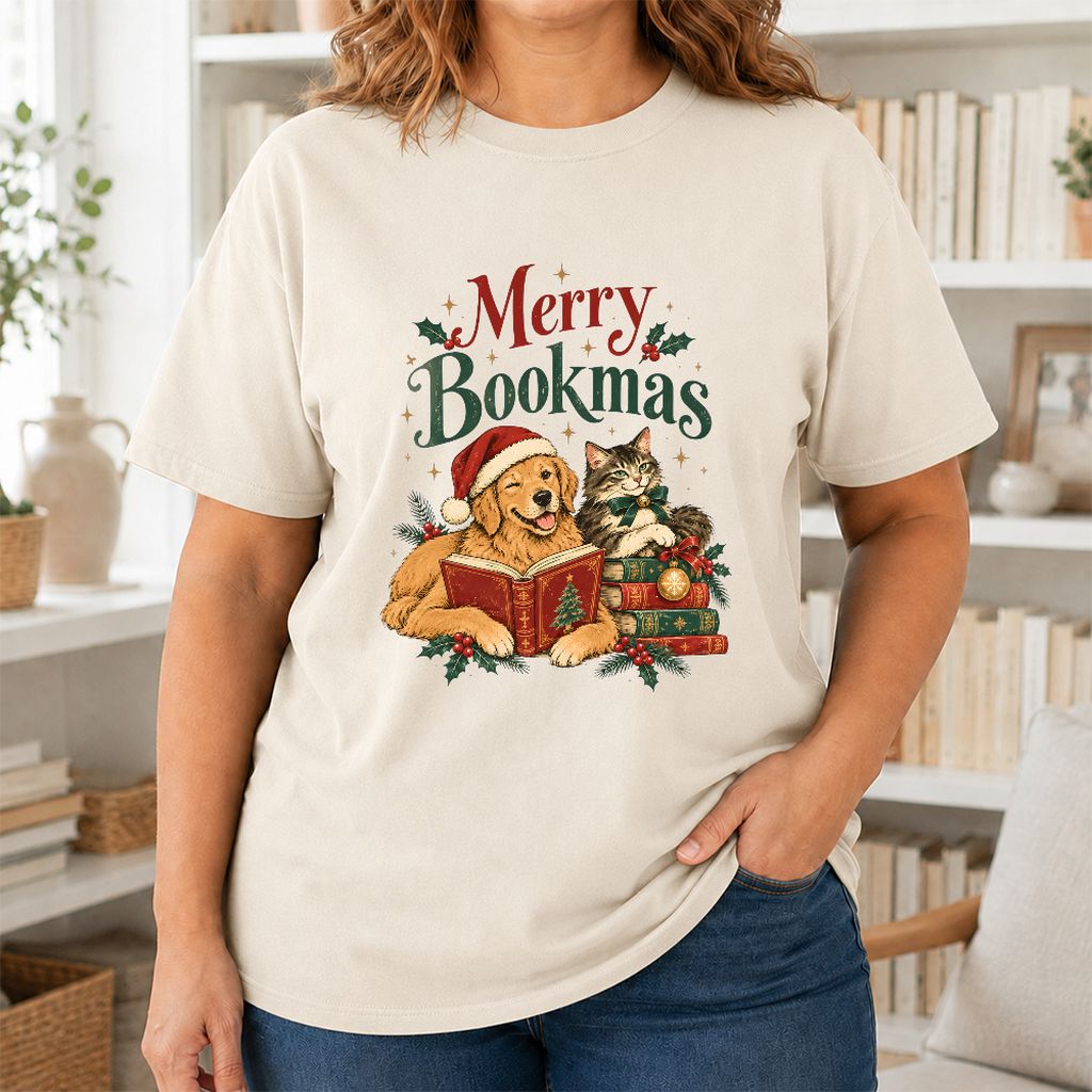 Merry Bookmas Printed T-Shirt | Christmas Reader Gift Natural