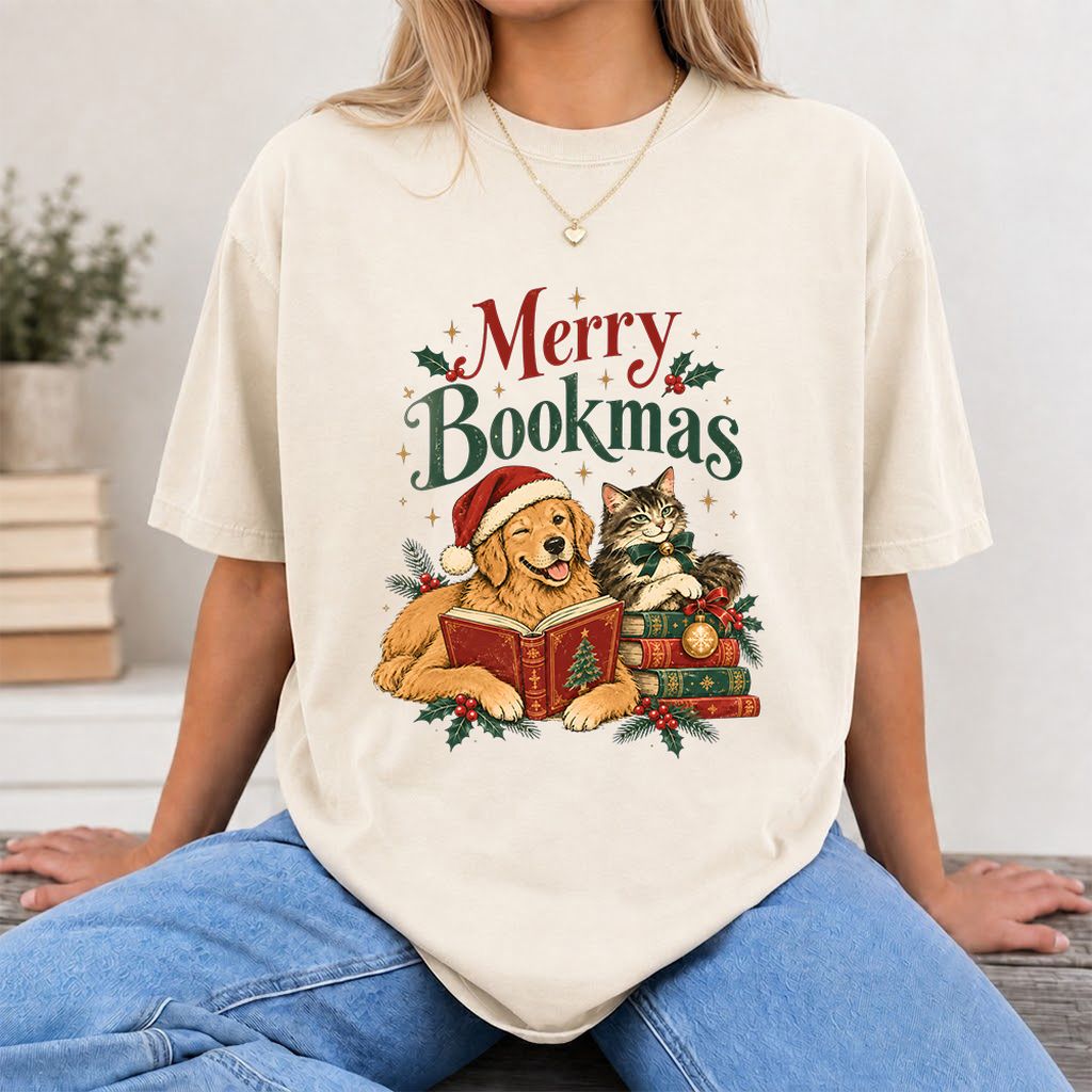 Merry Bookmas Printed T-Shirt | Christmas Reader Gift Natural