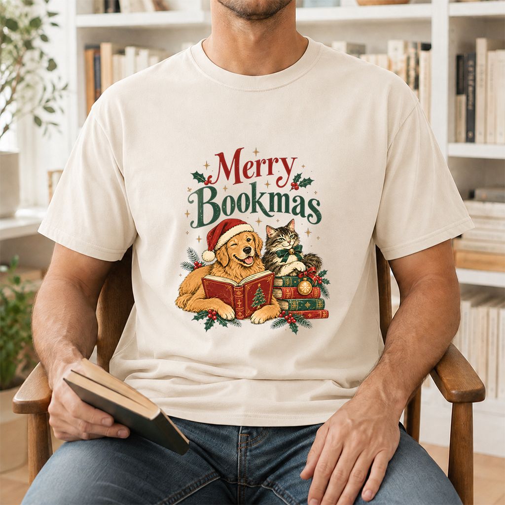 Merry Bookmas Printed T-Shirt | Christmas Reader Gift Natural