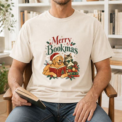 Merry Bookmas Printed T-Shirt | Christmas Reader Gift Natural