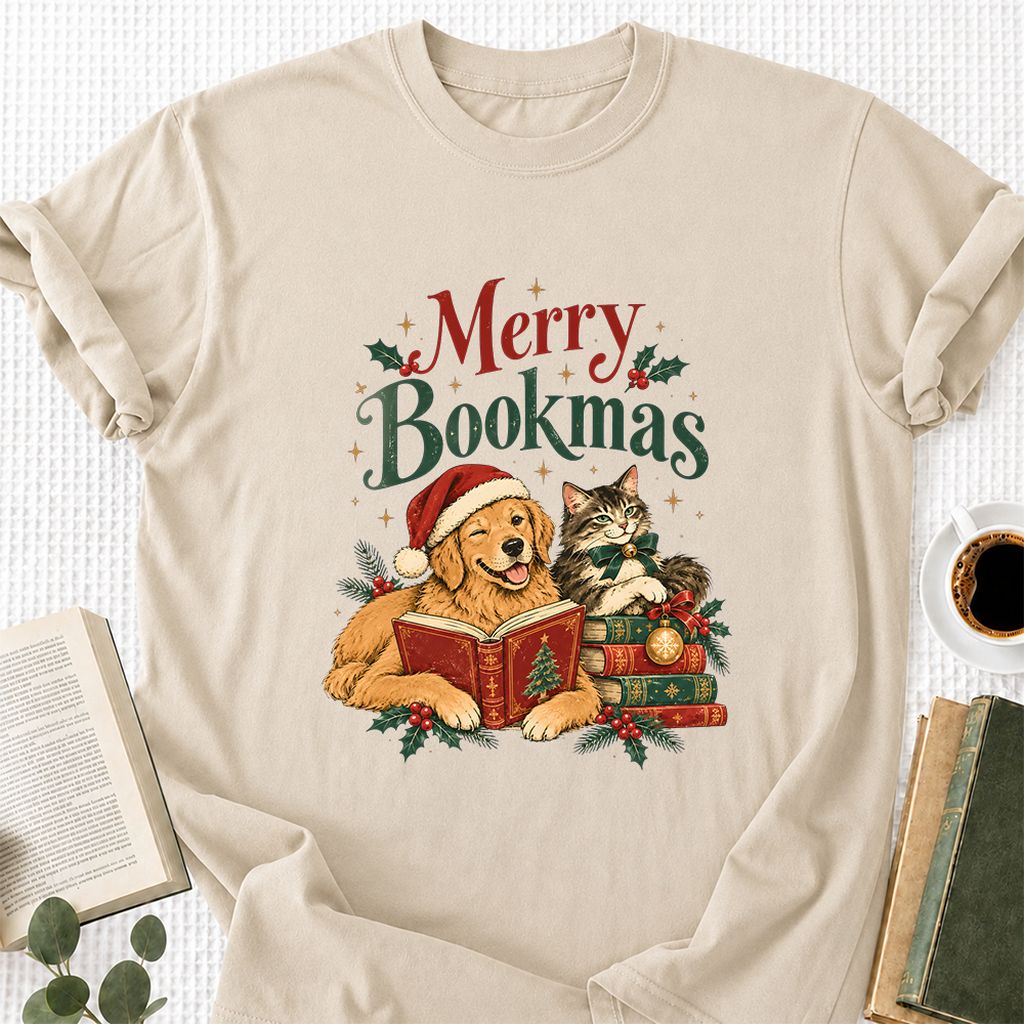 Merry Bookmas Printed T-Shirt | Christmas Reader Gift Sand