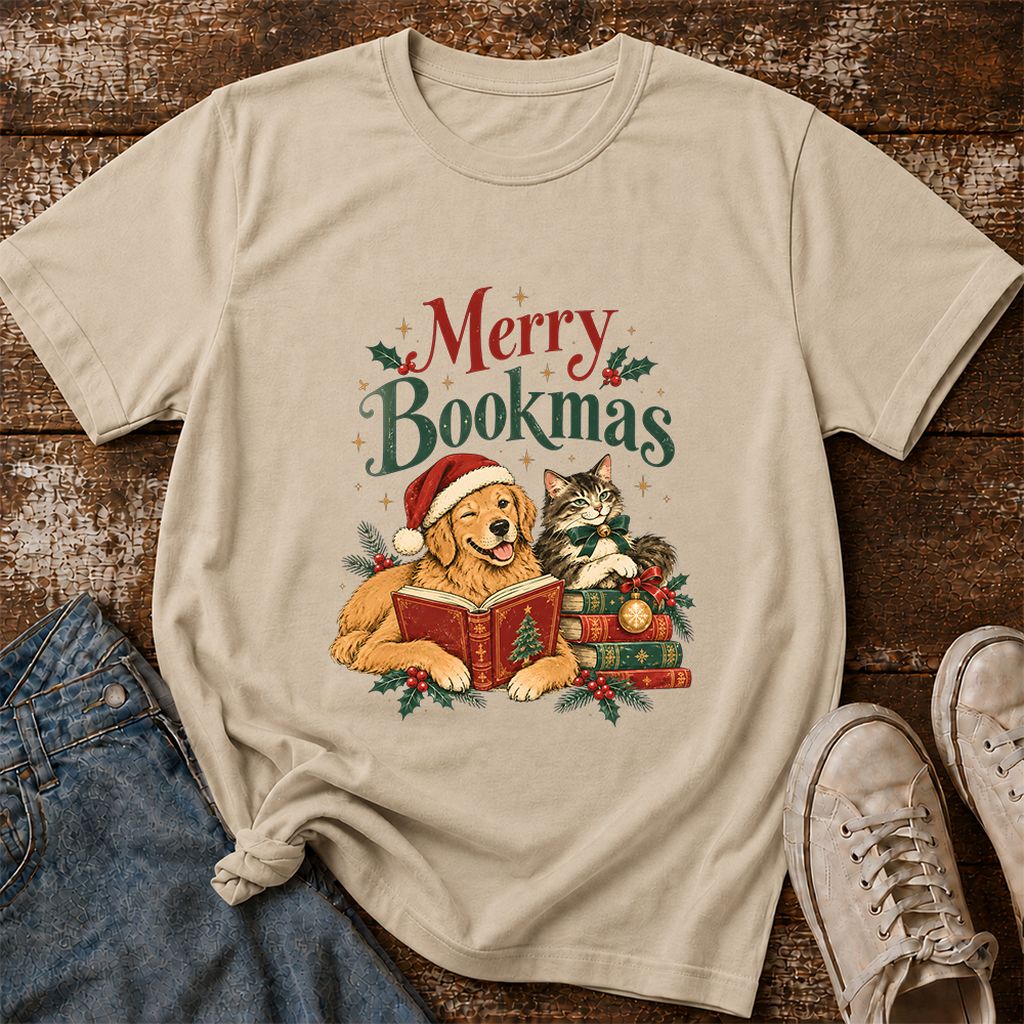 Merry Bookmas Printed T-Shirt | Christmas Reader Gift Sand
