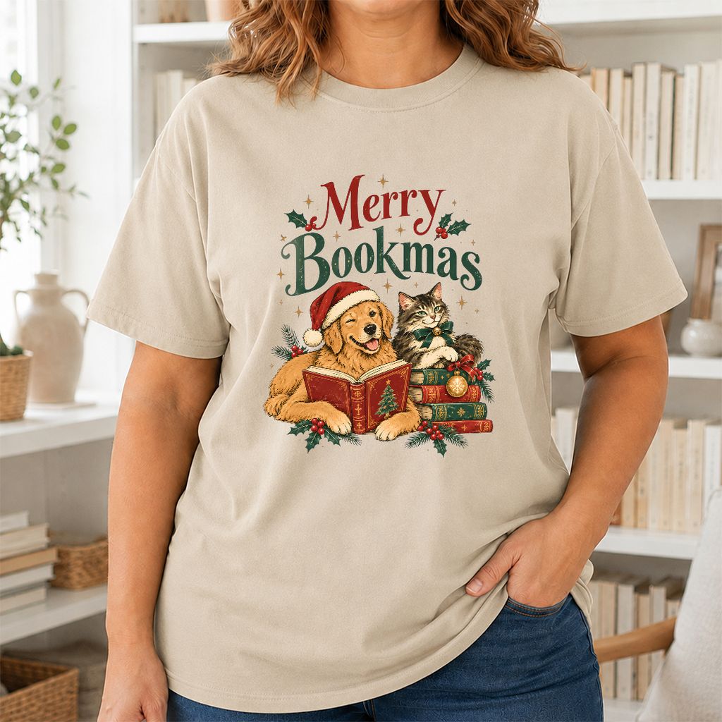 Merry Bookmas Printed T-Shirt | Christmas Reader Gift Sand