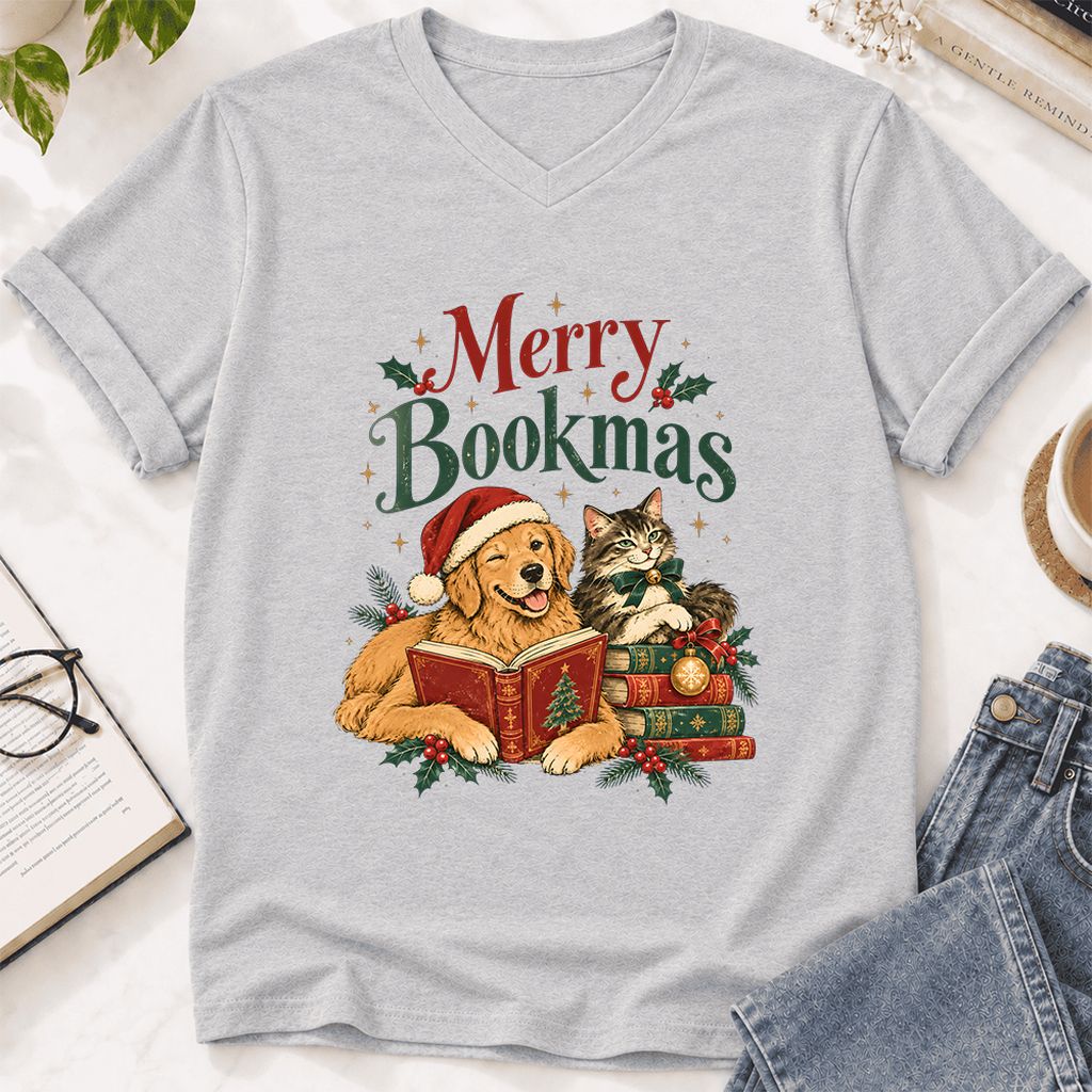 Merry Bookmas Ultra-Soft V-Neck | Christmas Reader Gift Ash