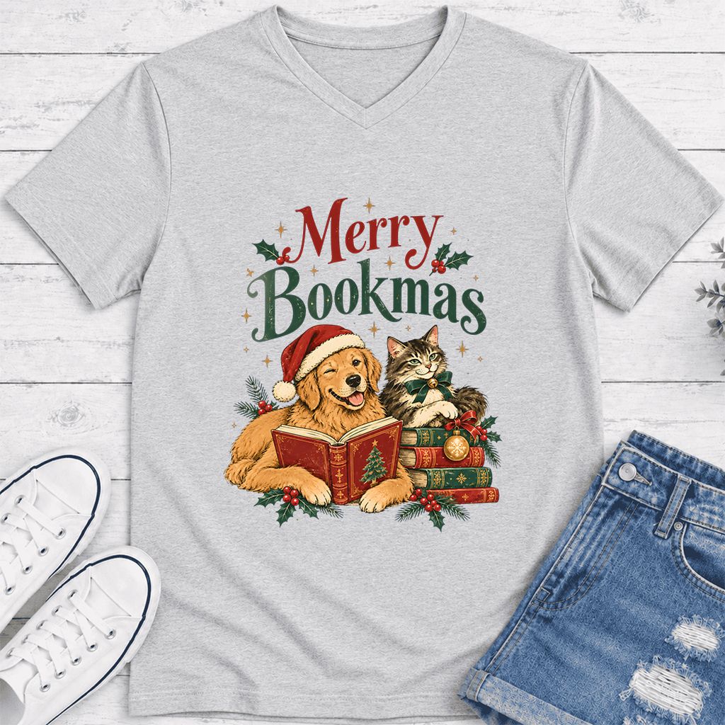 Merry Bookmas Ultra-Soft V-Neck | Christmas Reader Gift Ash