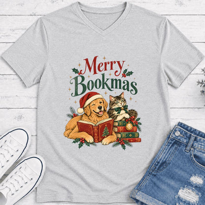 Merry Bookmas Ultra-Soft V-Neck | Christmas Reader Gift Ash
