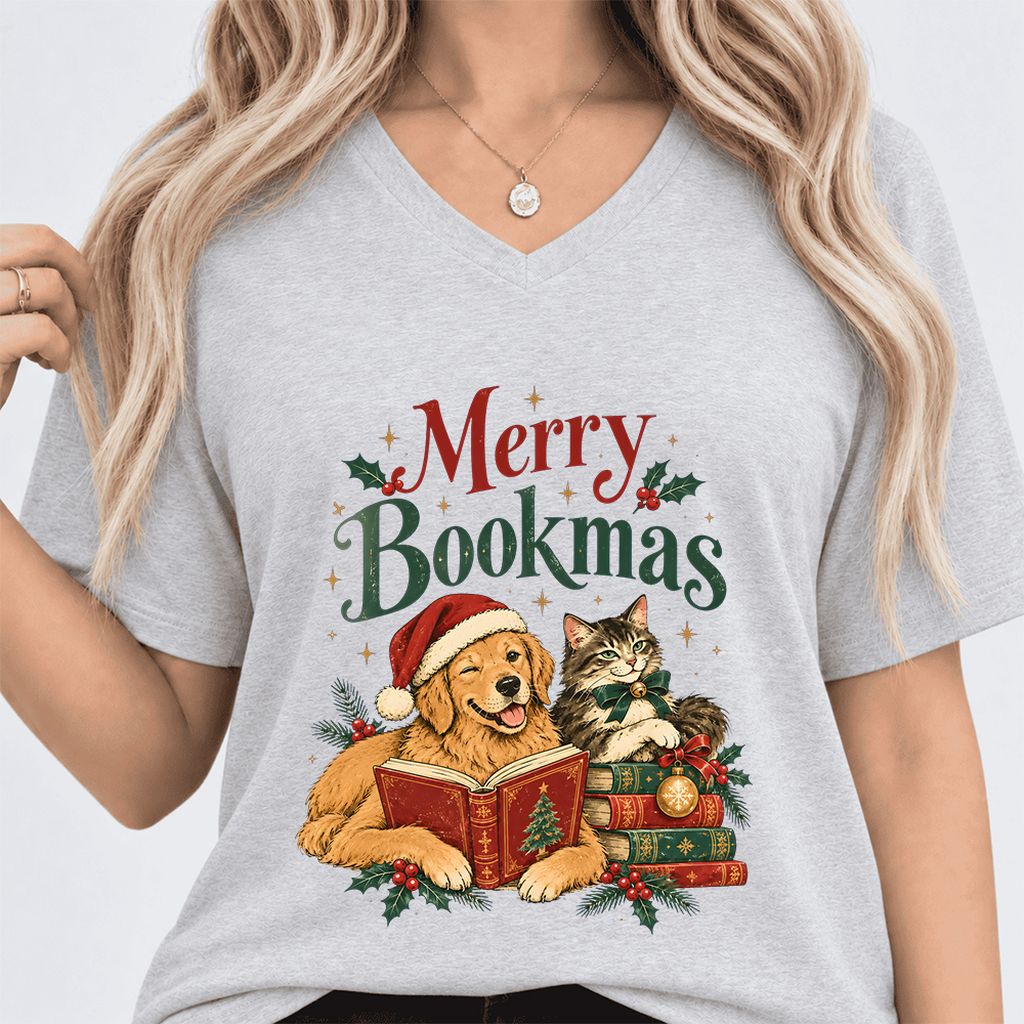 Merry Bookmas Ultra-Soft V-Neck | Christmas Reader Gift Ash