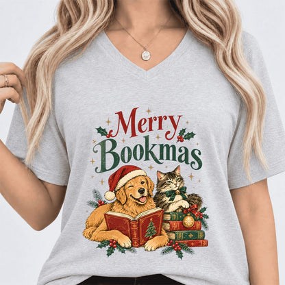 Merry Bookmas Ultra-Soft V-Neck | Christmas Reader Gift Ash