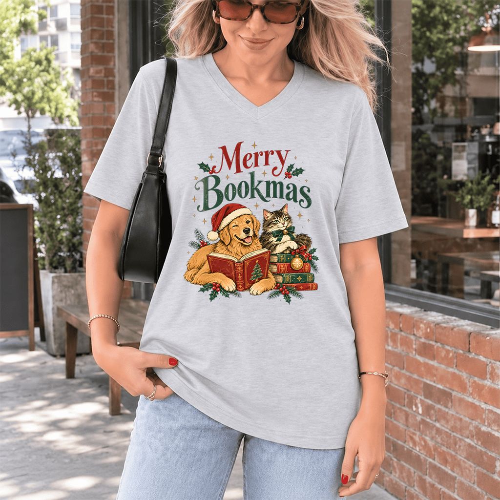 Merry Bookmas Ultra-Soft V-Neck | Christmas Reader Gift Ash