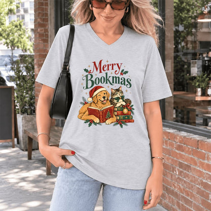 Merry Bookmas Ultra-Soft V-Neck | Christmas Reader Gift Ash