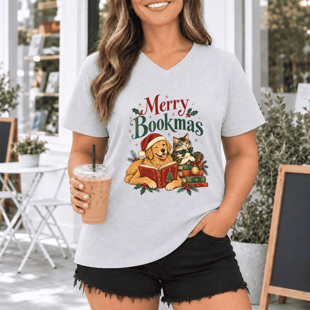 Merry Bookmas Ultra-Soft V-Neck | Christmas Reader Gift Ash