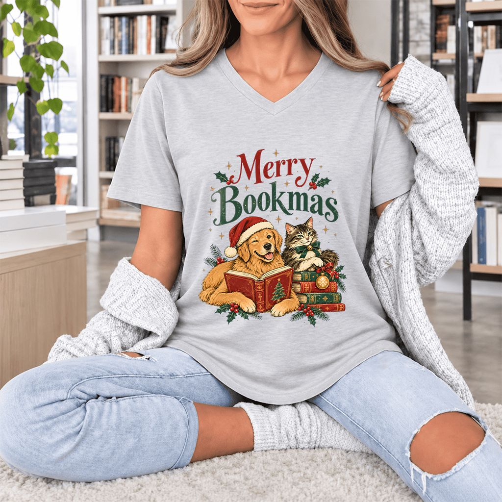 Merry Bookmas Ultra-Soft V-Neck | Christmas Reader Gift Ash