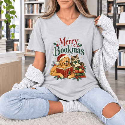 Merry Bookmas Ultra-Soft V-Neck | Christmas Reader Gift Ash