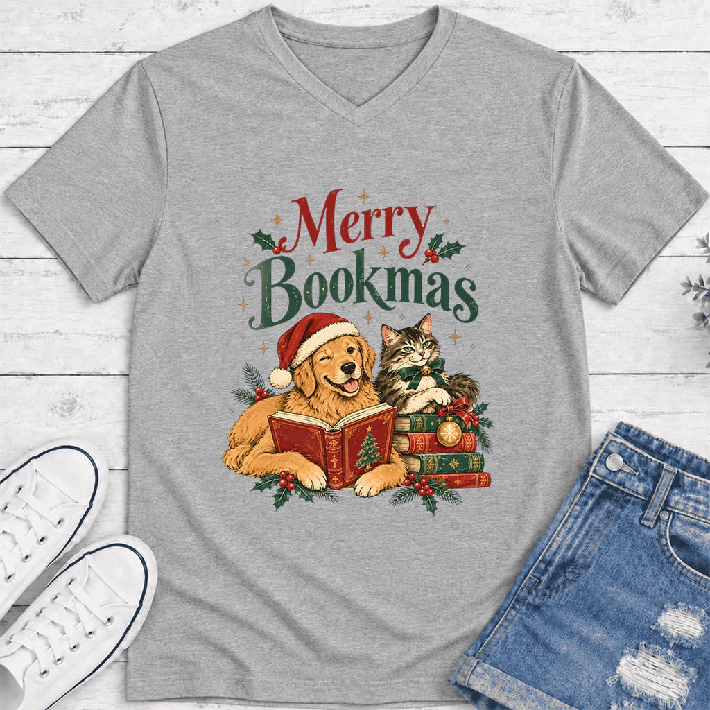 Merry Bookmas Ultra-Soft V-Neck | Christmas Reader Gift Athletic Heather