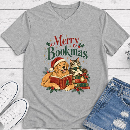 Merry Bookmas Ultra-Soft V-Neck | Christmas Reader Gift Athletic Heather