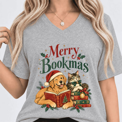 Merry Bookmas Ultra-Soft V-Neck | Christmas Reader Gift Athletic Heather