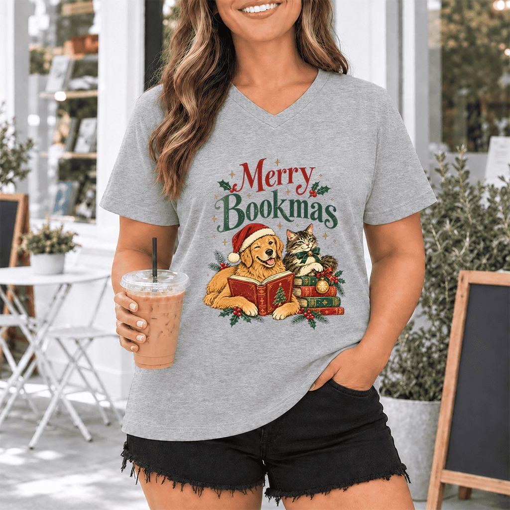 Merry Bookmas Ultra-Soft V-Neck | Christmas Reader Gift Athletic Heather
