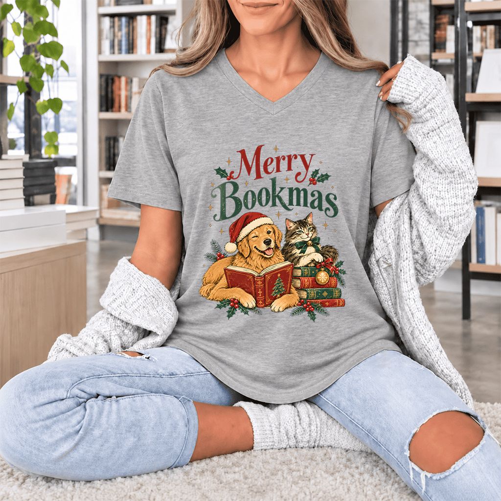 Merry Bookmas Ultra-Soft V-Neck | Christmas Reader Gift Athletic Heather