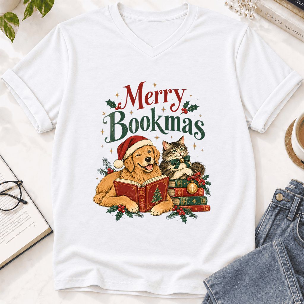 Merry Bookmas Ultra-Soft V-Neck | Christmas Reader Gift White