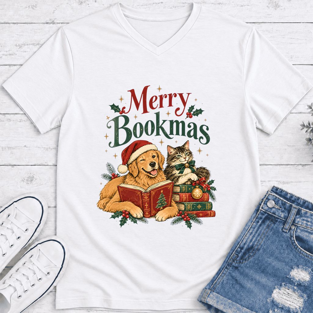 Merry Bookmas Ultra-Soft V-Neck | Christmas Reader Gift White