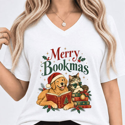 Merry Bookmas Ultra-Soft V-Neck | Christmas Reader Gift White