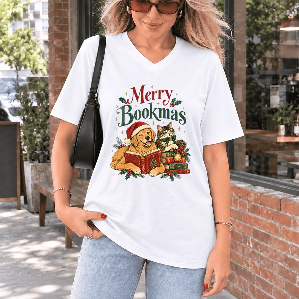 Merry Bookmas Ultra-Soft V-Neck | Christmas Reader Gift White