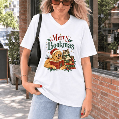 Merry Bookmas Ultra-Soft V-Neck | Christmas Reader Gift White