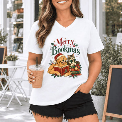 Merry Bookmas Ultra-Soft V-Neck | Christmas Reader Gift White