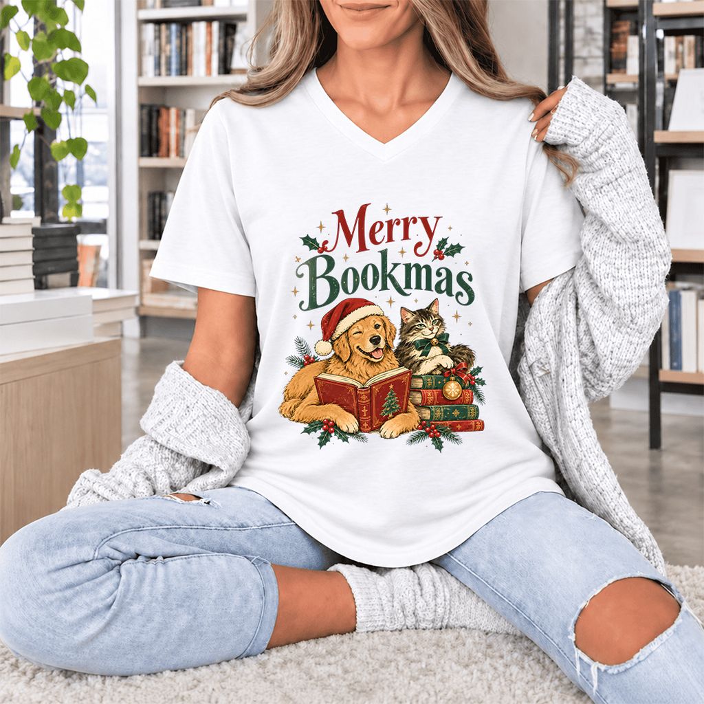 Merry Bookmas Ultra-Soft V-Neck | Christmas Reader Gift White