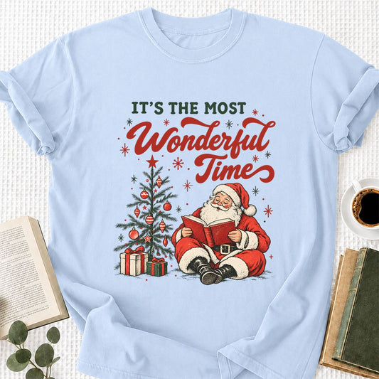 It’s The Most Wonderful Time Printed T-Shirt | Christmas Reader Gift Light Blue
