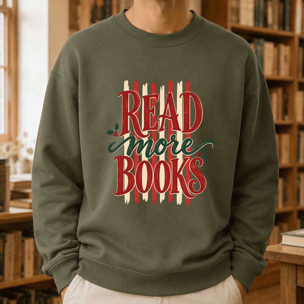 READ More BOOKS Printed Sweatshirt | Christmas Book Lover Gift Military Green