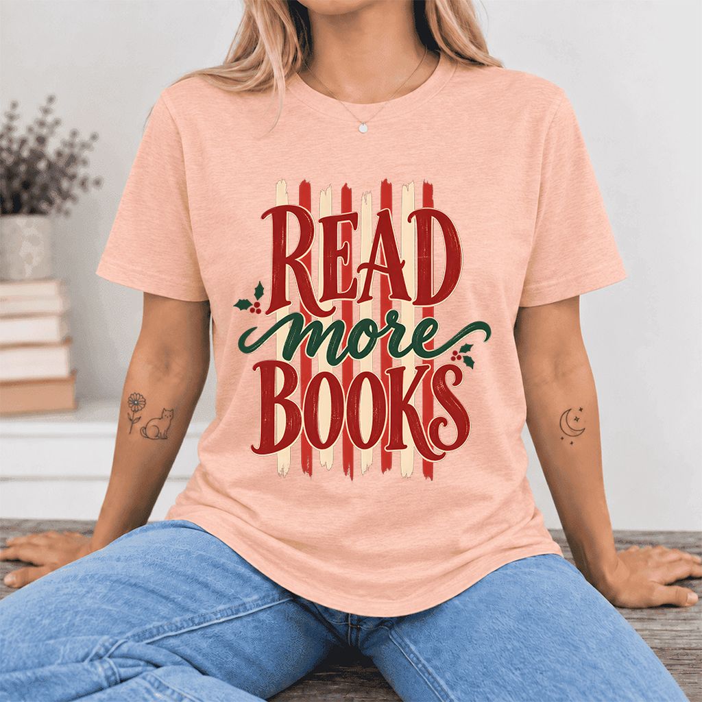 Read More Books Ultra-Soft Cotton T-Shirt | Christmas Book Lover Gift Heather Peach