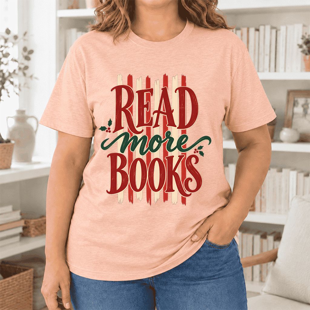 Read More Books Ultra-Soft Cotton T-Shirt | Christmas Book Lover Gift Heather Peach