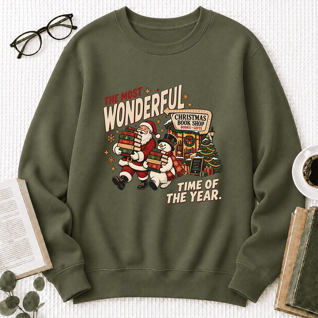 The Most Wonderful Time Of The Year Printed Sweatshirt | Christmas Reader Gift Military Green