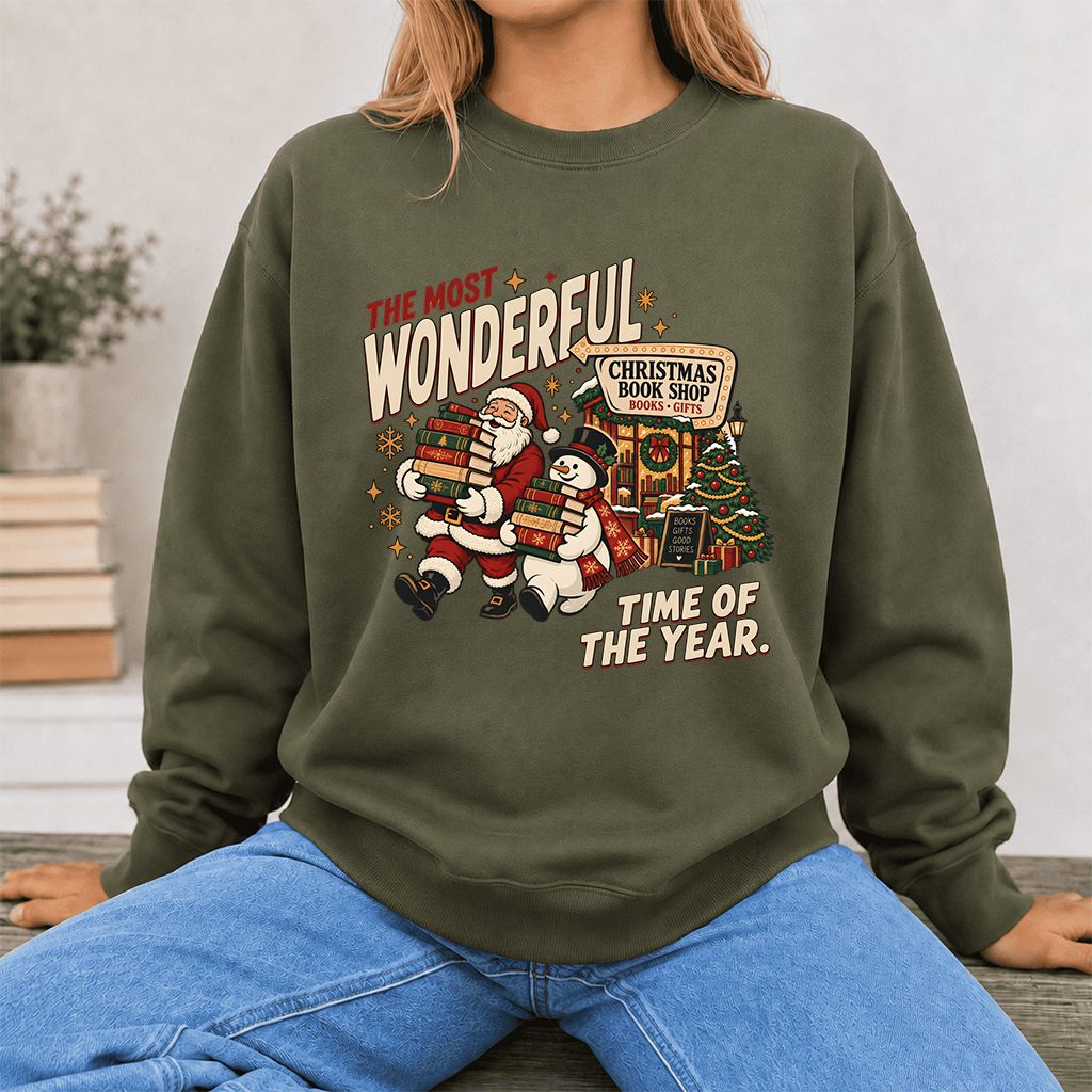 The Most Wonderful Time Of The Year Printed Sweatshirt | Christmas Reader Gift Military Green