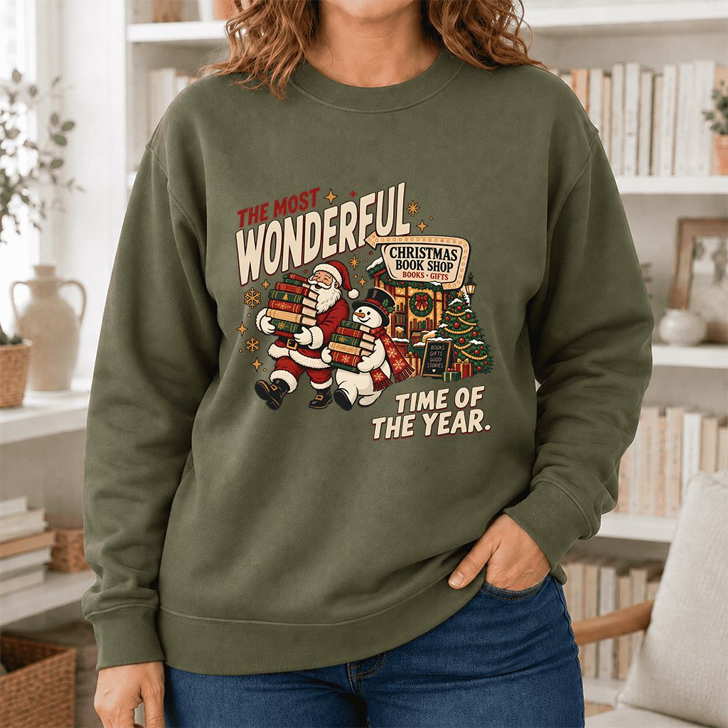 The Most Wonderful Time Of The Year Printed Sweatshirt | Christmas Reader Gift Military Green