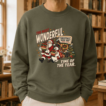 The Most Wonderful Time Of The Year Printed Sweatshirt | Christmas Reader Gift Military Green