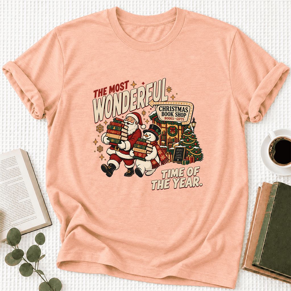 Most Wonderful Time Ultra-Soft Cotton T-Shirt | Christmas  Reader Gift Heather Peach