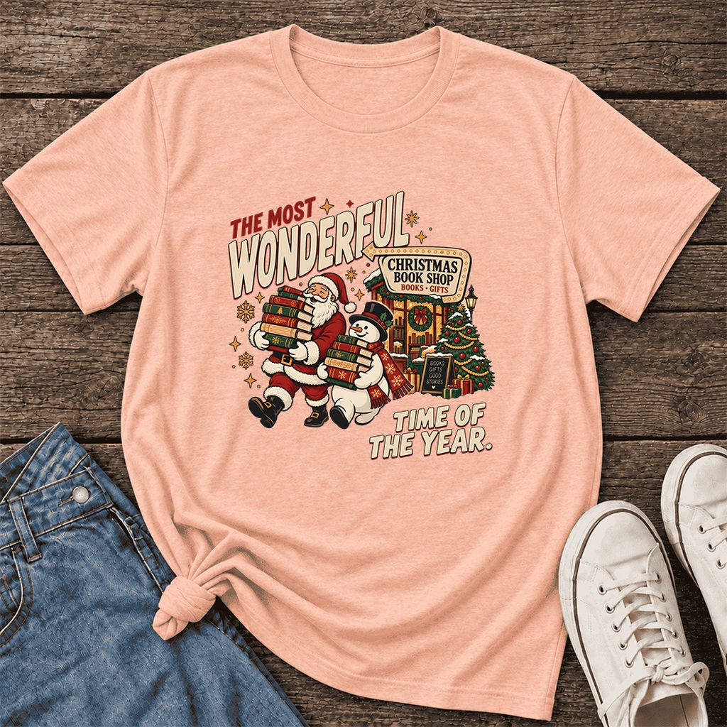 Most Wonderful Time Ultra-Soft Cotton T-Shirt | Christmas  Reader Gift Heather Peach
