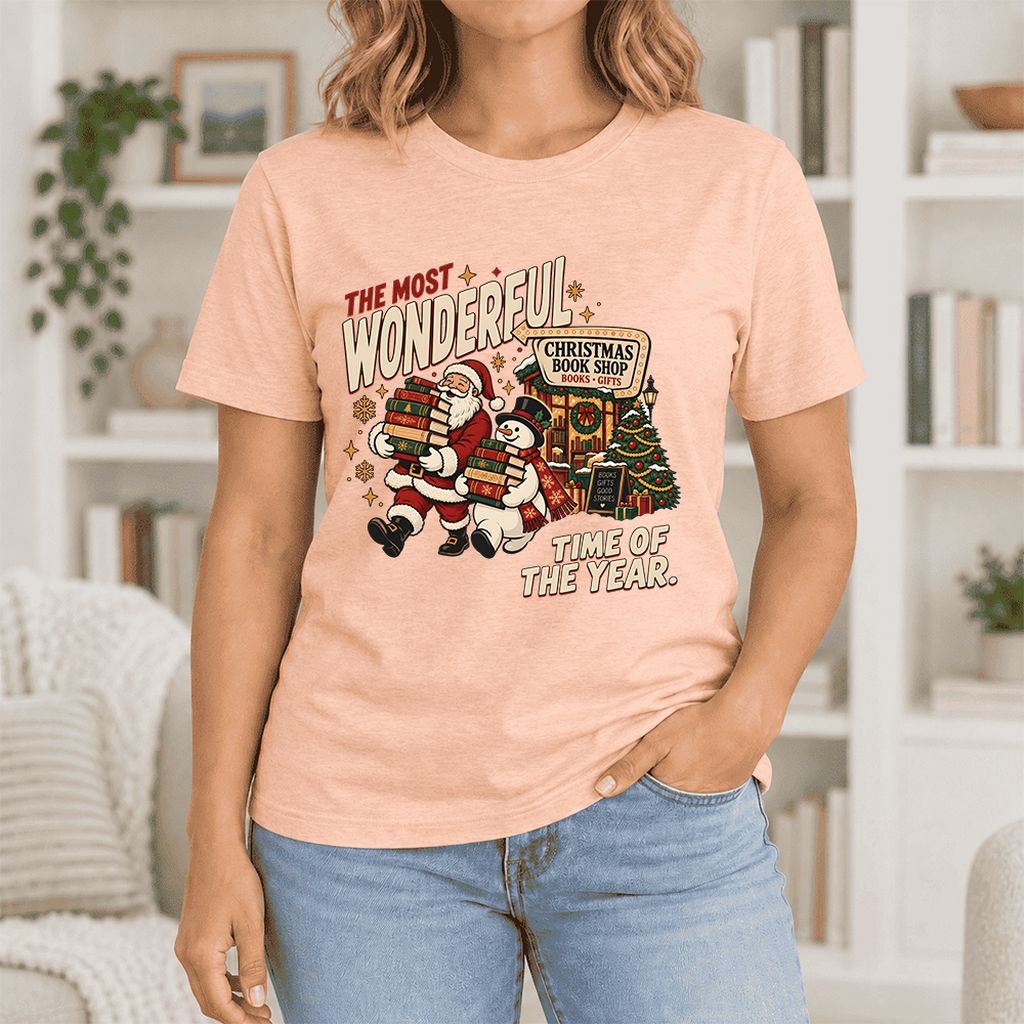 Most Wonderful Time Ultra-Soft Cotton T-Shirt | Christmas  Reader Gift Heather Peach