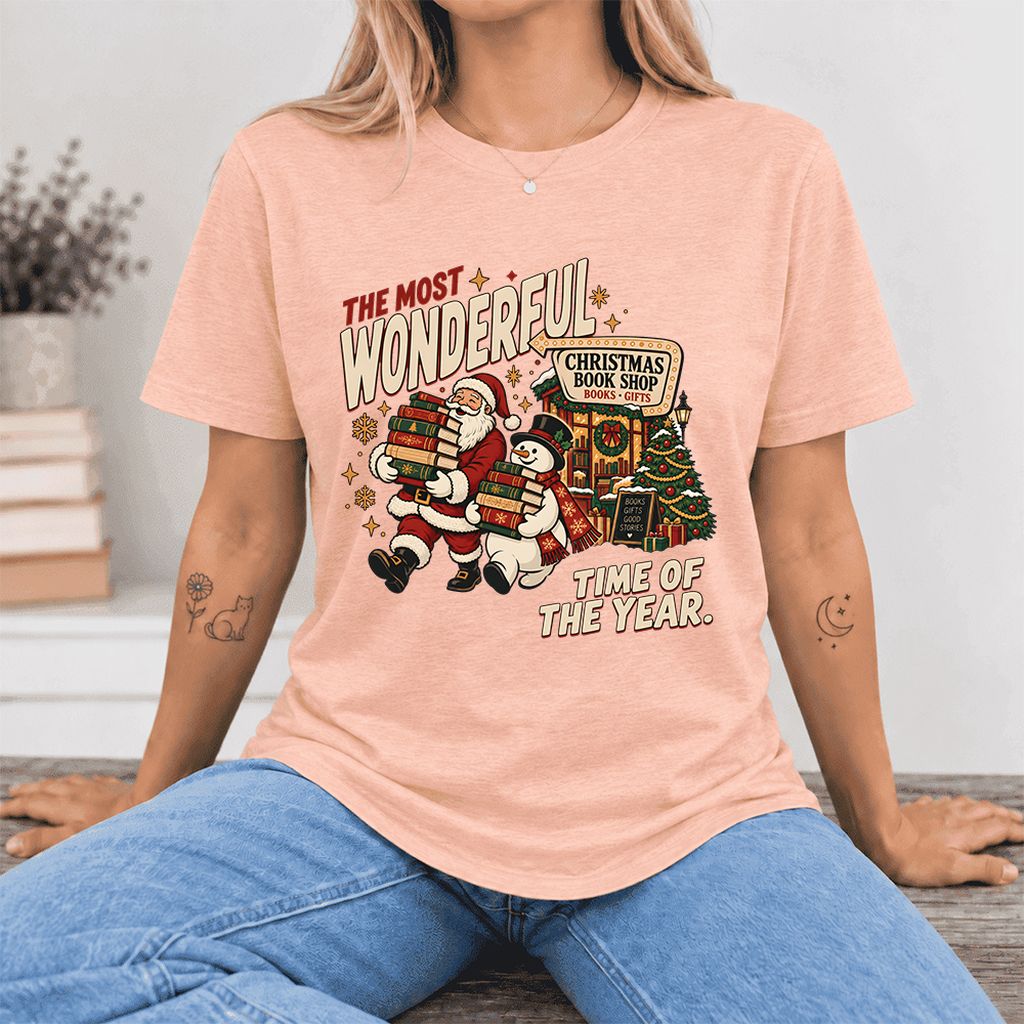 Most Wonderful Time Ultra-Soft Cotton T-Shirt | Christmas  Reader Gift Heather Peach